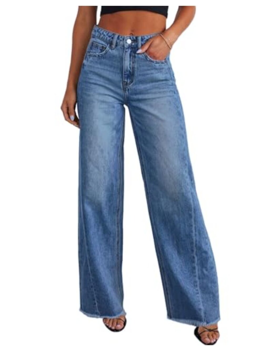 Wide Leg Raw Hem Stretchy Baggy Denim Jeans High Waisted Palazzo Pants